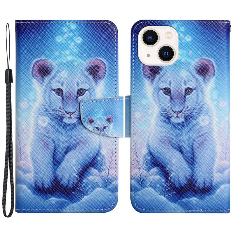 Læder Cover iPhone 15 Med Snor Babyleopard Med Rem