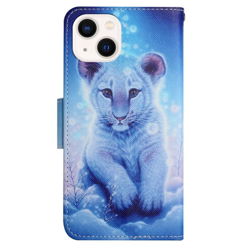 Læder Cover iPhone 15 Med Snor Babyleopard Med Rem