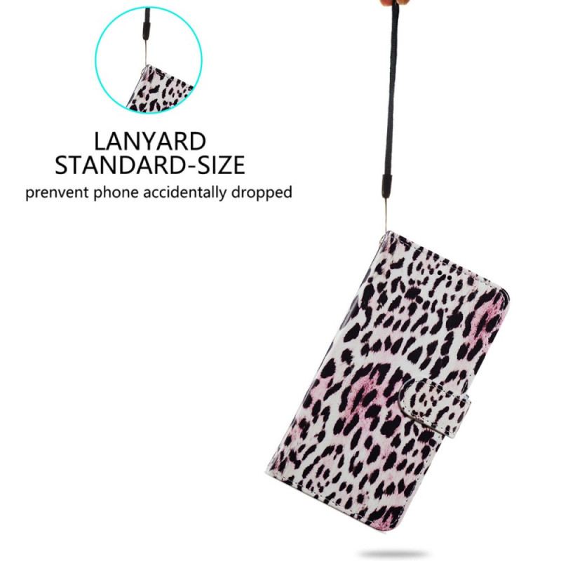 Læder Cover iPhone 15 Med Snor Leopardskinddesign Med Rem