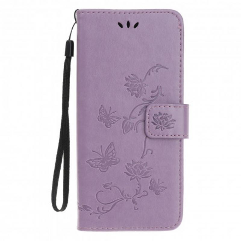 Flip Cover Motorola Edge 20 Lite Med Snor Sommerfugle Og Blomsterrem