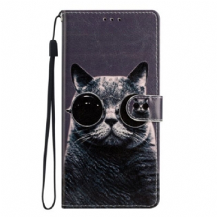 Flip Cover Oppo Reno 8 Med Snor Cat Strappy Briller