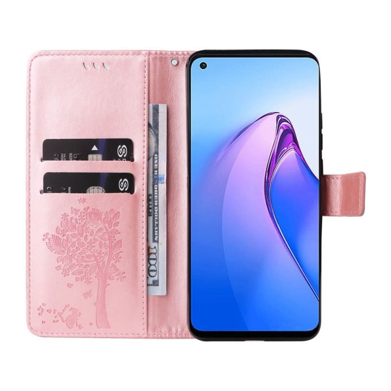 Flip Cover Oppo Reno 8 Med Snor Træ Og Strappy Kat