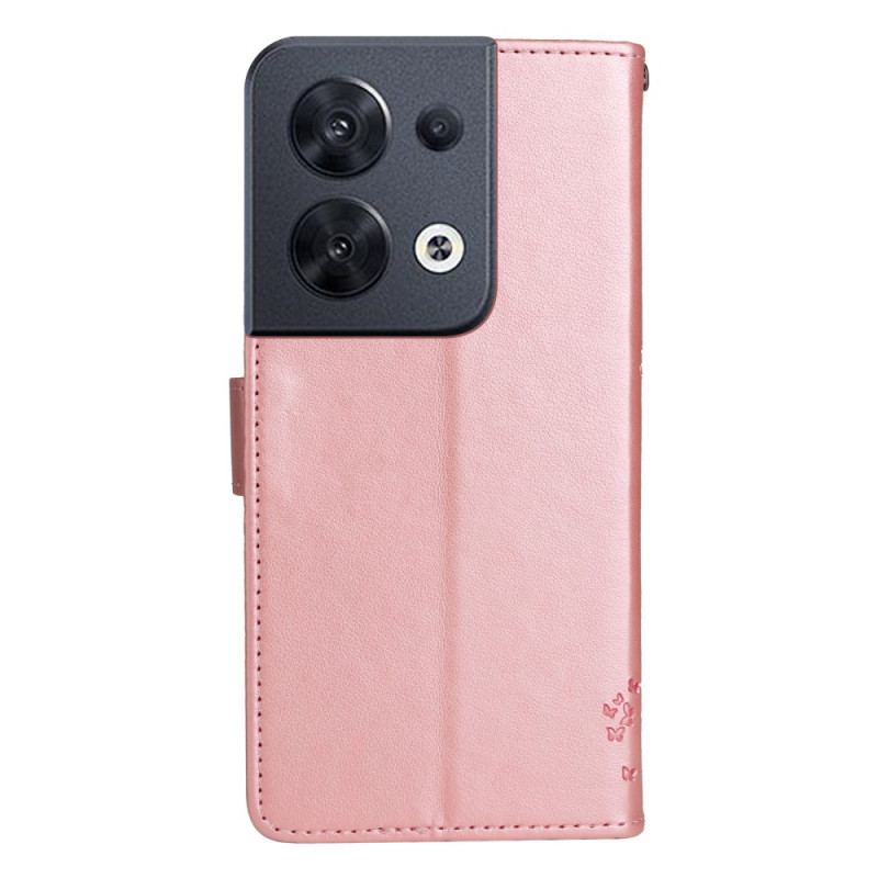 Flip Cover Oppo Reno 8 Med Snor Træ Og Strappy Kat