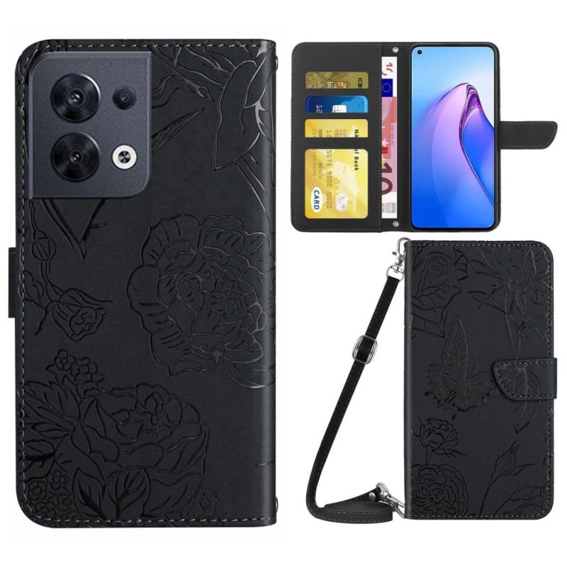 Flip Cover Oppo Reno 8 Sommerfugle Og Skulderrem