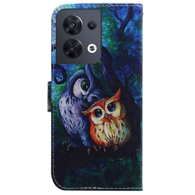 Læder Cover Oppo Reno 8 Med Snor Strappy Owls Maleri