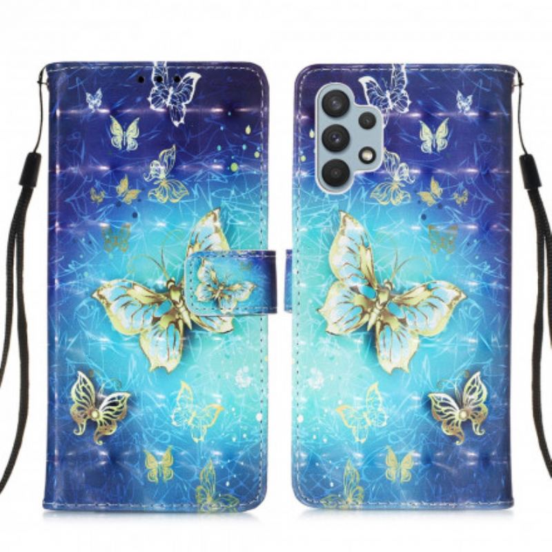 Flip Cover Samsung Galaxy A32 Golden Butterflies Lanyard