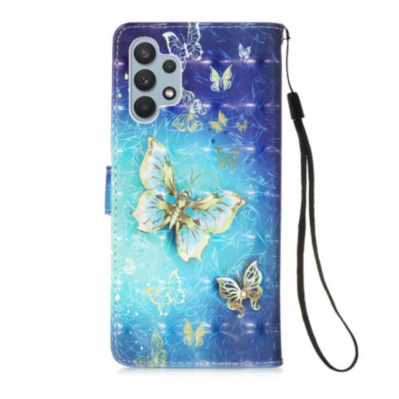 Flip Cover Samsung Galaxy A32 Golden Butterflies Lanyard