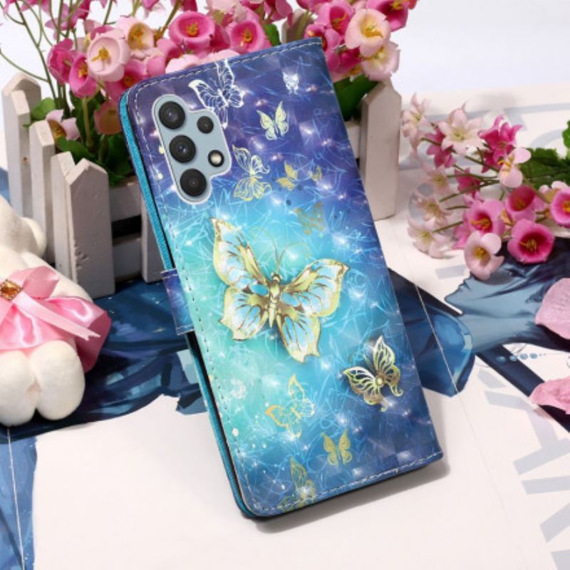 Flip Cover Samsung Galaxy A32 Golden Butterflies Lanyard