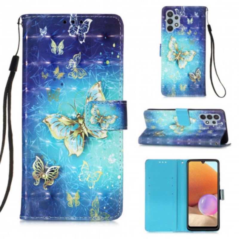 Flip Cover Samsung Galaxy A32 Golden Butterflies Lanyard