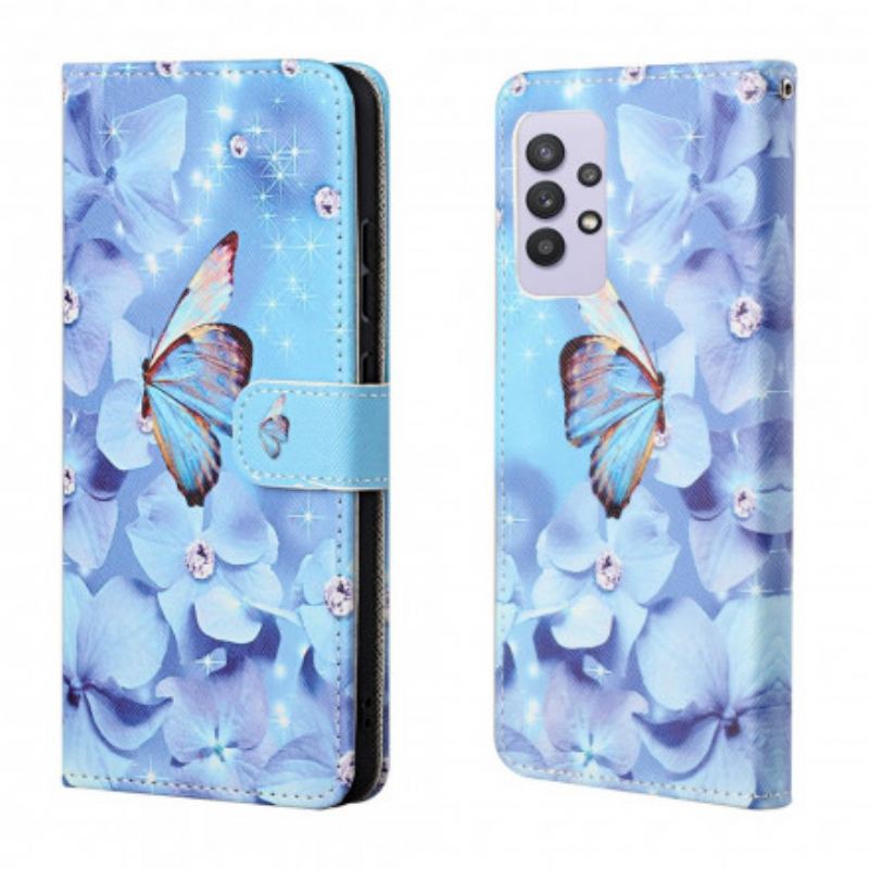 Flip Cover Samsung Galaxy A32 Med Snor Strappy Diamond Sommerfugle