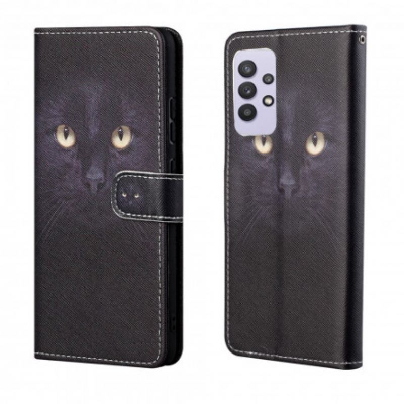 Læder Cover Samsung Galaxy A32 Med Snor Strappy Black Cat Eyes