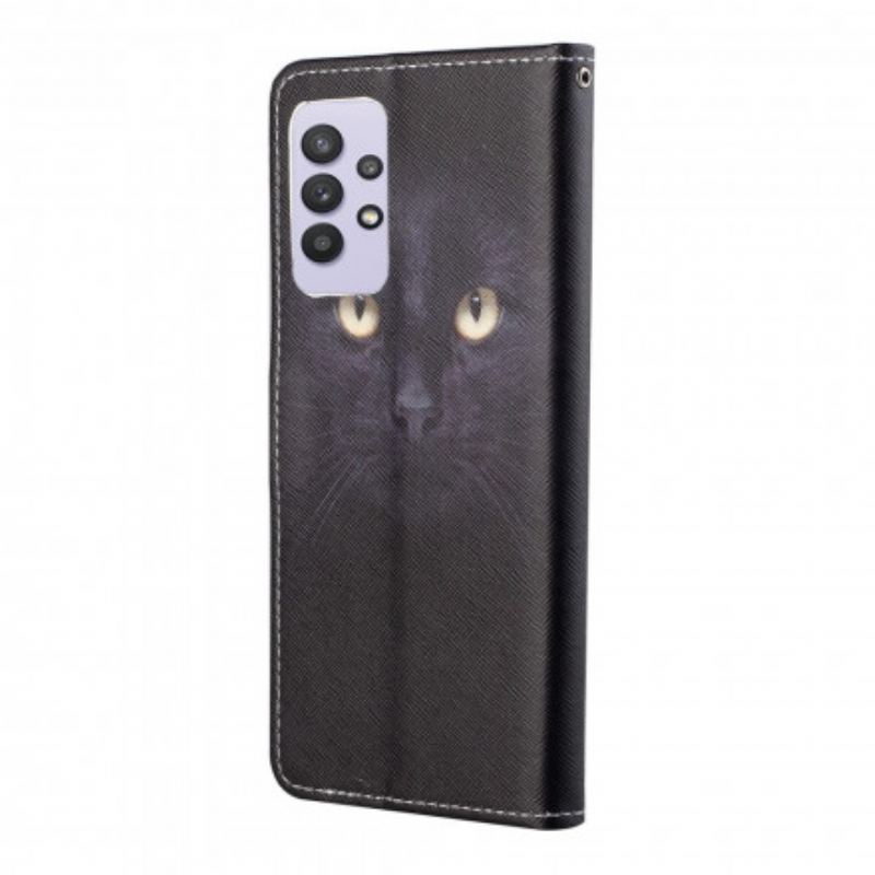 Læder Cover Samsung Galaxy A32 Med Snor Strappy Black Cat Eyes