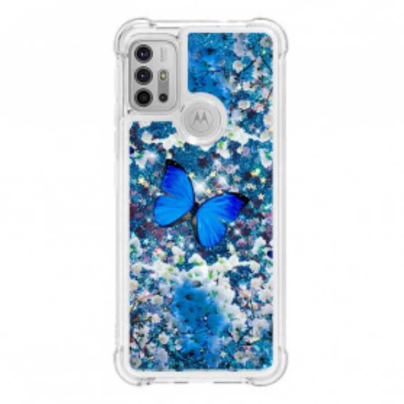 Cover Moto G30 / G10 Glitter Blå Sommerfugle