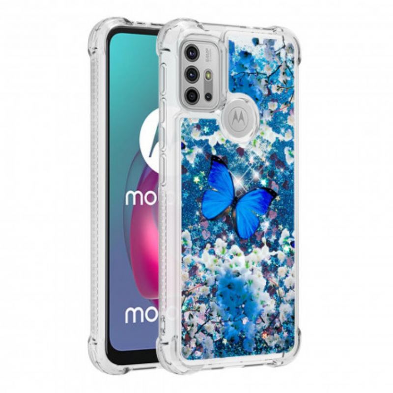 Cover Moto G30 / G10 Glitter Blå Sommerfugle