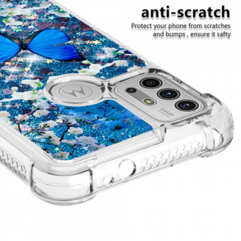 Cover Moto G30 / G10 Glitter Blå Sommerfugle