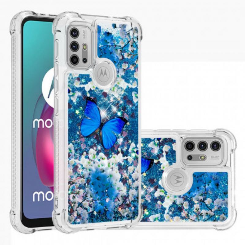 Cover Moto G30 / G10 Glitter Blå Sommerfugle