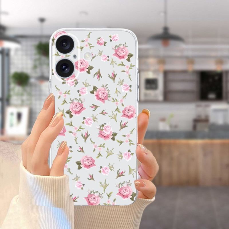 Cover iPhone 16 Transparent Edge Pink Flowers