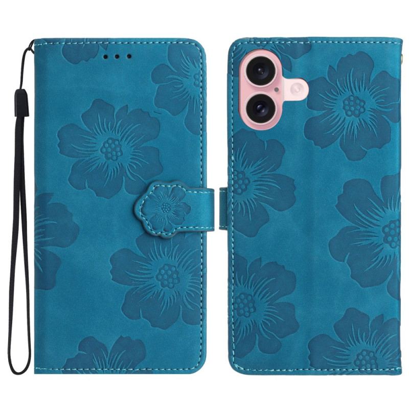 Flip Cover iPhone 16 Blomstermønster Med Rem