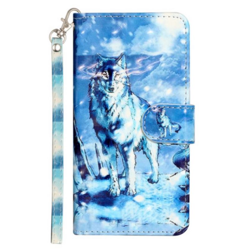 Læder Cover iPhone 16 Telefon Etui Lanyard Snow Wolf