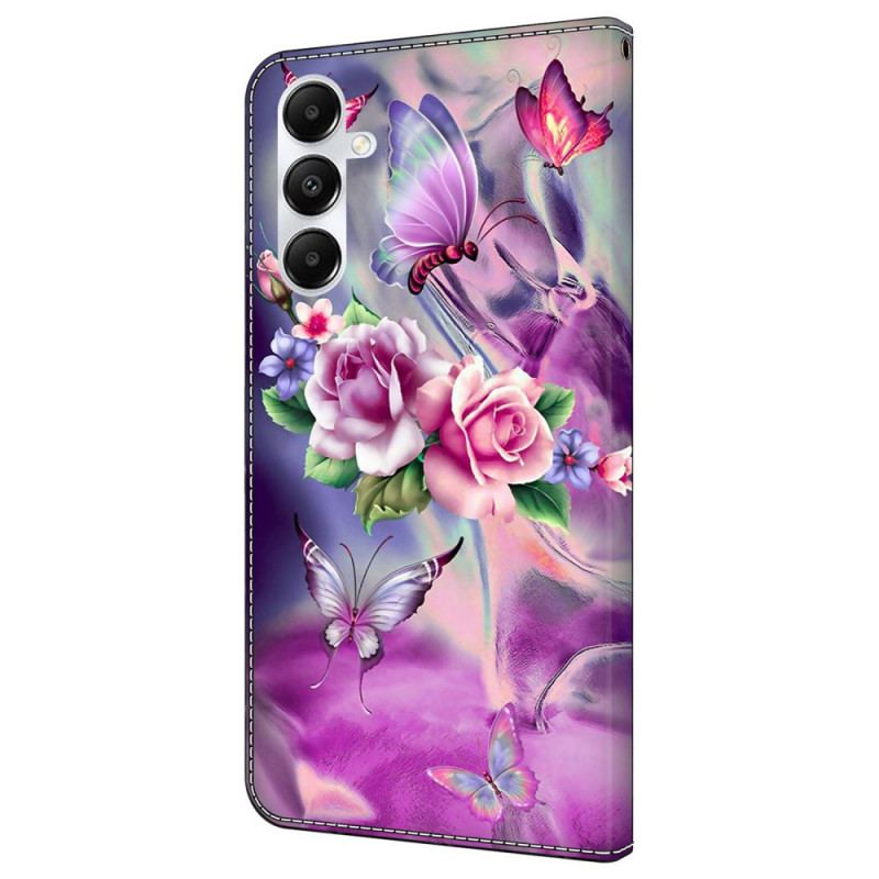 Flip Cover Til Samsung Galaxy A55 5g Lilla Sommerfugle Og Blomster