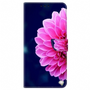 Flip Cover Til Samsung Galaxy A55 5g Lyserød Blomst På Blå Baggrund