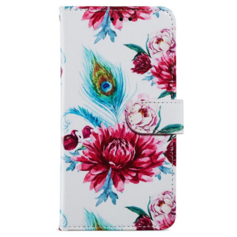 Flip Cover Til Samsung Galaxy A55 5g Røde Blomster Med Rem