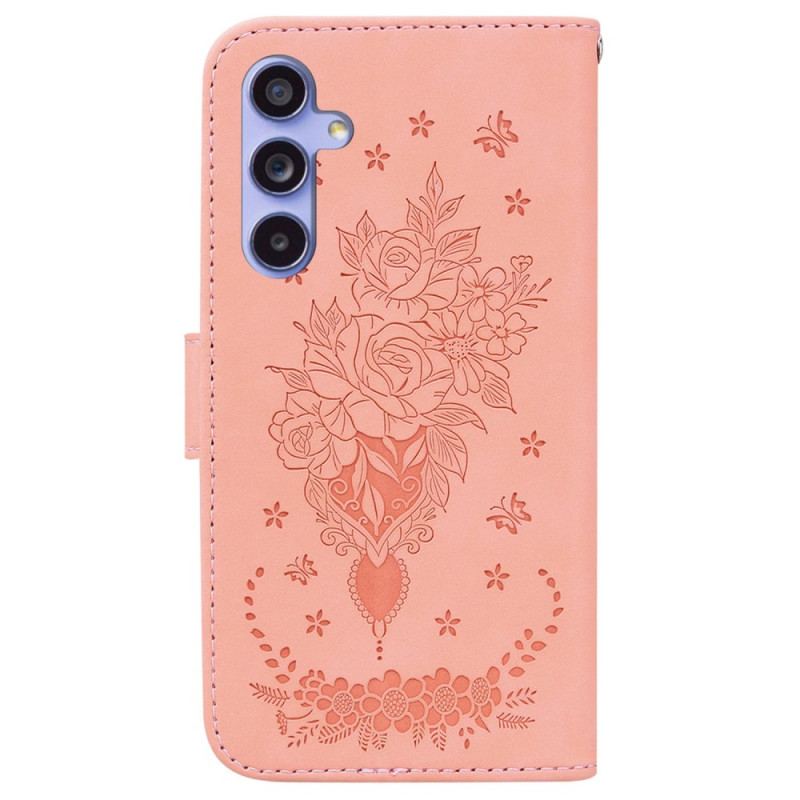 Læder Cover Samsung Galaxy A55 5g Telefon Etui Rose Og Sommerfugle Mønster