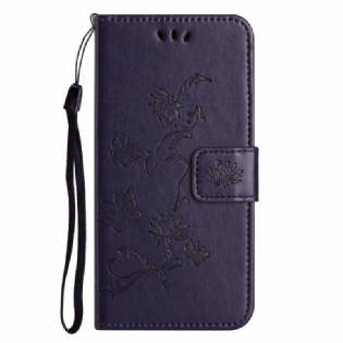 Læder Cover Samsung Galaxy A55 5g Telefon Etui Sommerfugle Og Blomsterdesign Med Snor