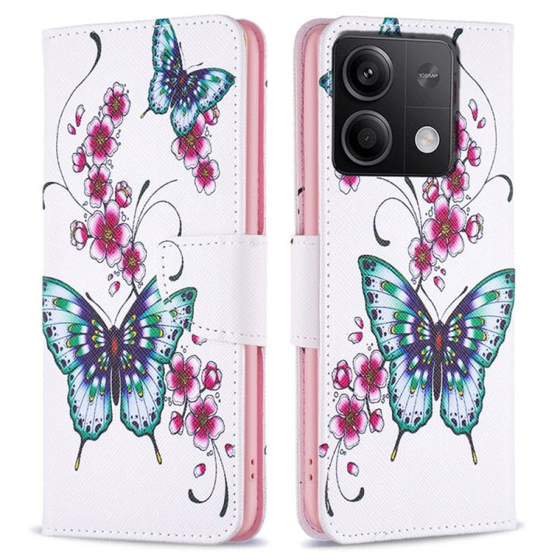 Flip Cover Til Xiaomi Redmi Note 13 5g Blomstrende Fersken Og Sommerfugle