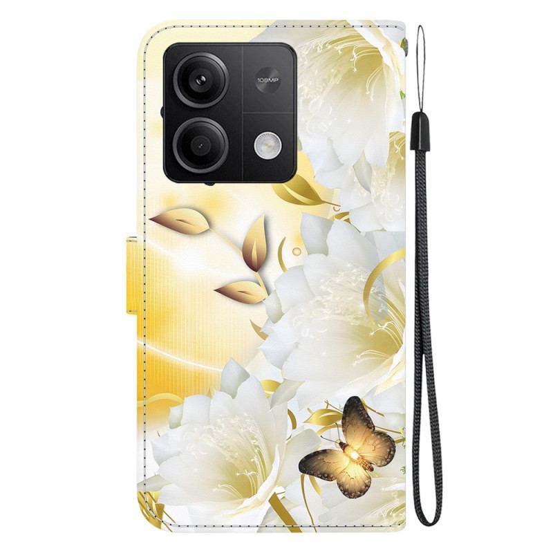 Flip Cover Til Xiaomi Redmi Note 13 5g Gyldne Sommerfugle Og Hvide Blomster