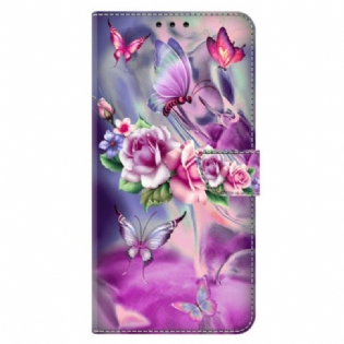 Flip Cover Til Xiaomi Redmi Note 13 5g Lilla Sommerfugle Og Blomster