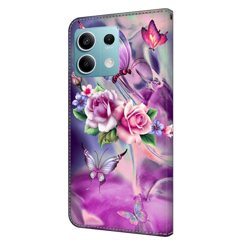 Flip Cover Til Xiaomi Redmi Note 13 5g Lilla Sommerfugle Og Blomster