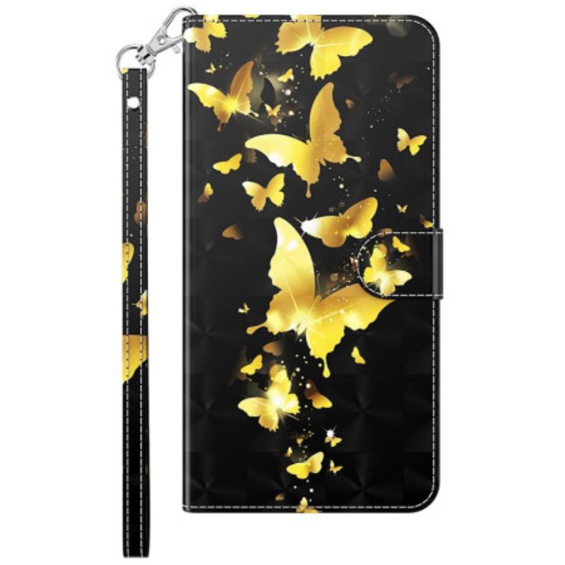 Flip Cover Xiaomi Redmi Note 13 5g Gyldne Sommerfugle Med Rem