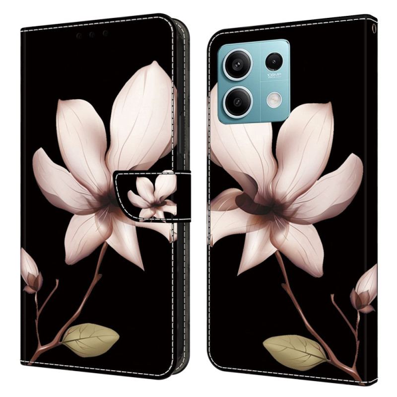 Flip Cover Xiaomi Redmi Note 13 5g Lyserød Blomst På Sort Baggrund