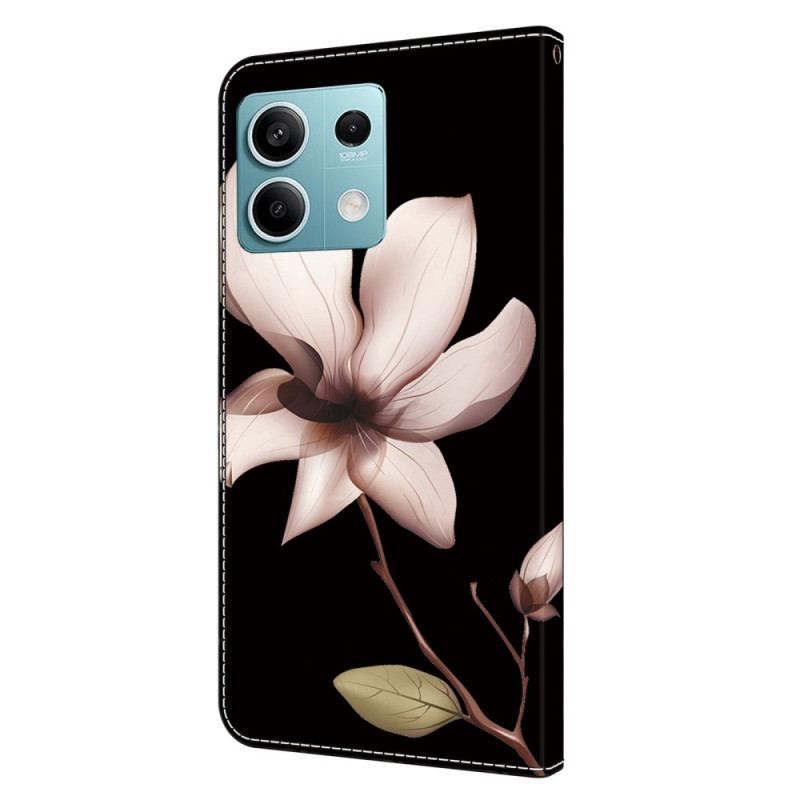 Flip Cover Xiaomi Redmi Note 13 5g Lyserød Blomst På Sort Baggrund