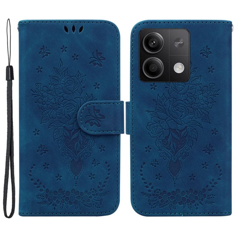 Læder Cover Xiaomi Redmi Note 13 5g Telefon Etui Rose Og Sommerfugle Med Rem