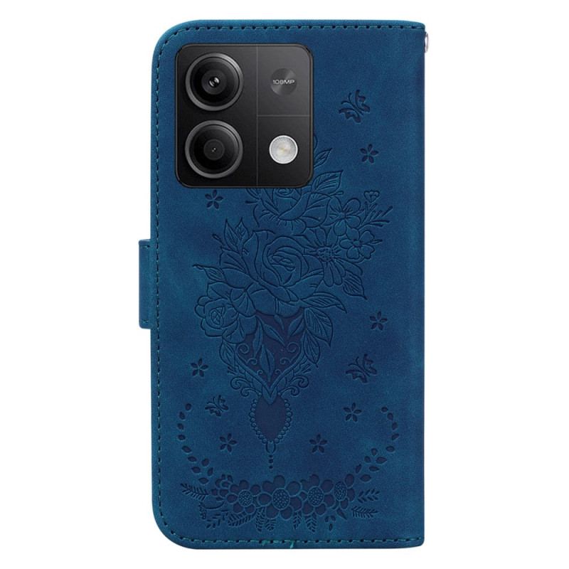 Læder Cover Xiaomi Redmi Note 13 5g Telefon Etui Rose Og Sommerfugle Med Rem