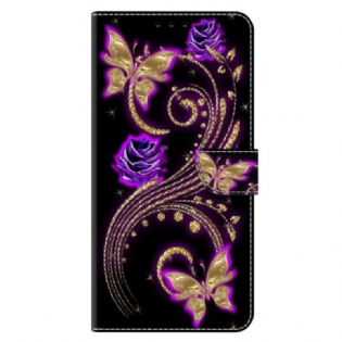 Læder Cover Xiaomi Redmi Note 13 5g Violet Blomster Og Sommerfugle