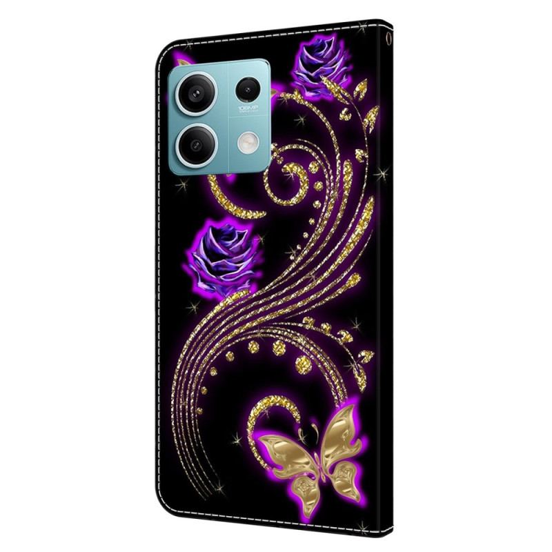 Læder Cover Xiaomi Redmi Note 13 5g Violet Blomster Og Sommerfugle