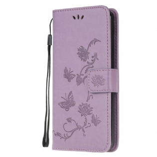Læder Cover Samsung Galaxy A42 5G Med Snor Thong Sommerfugle Og Blomster