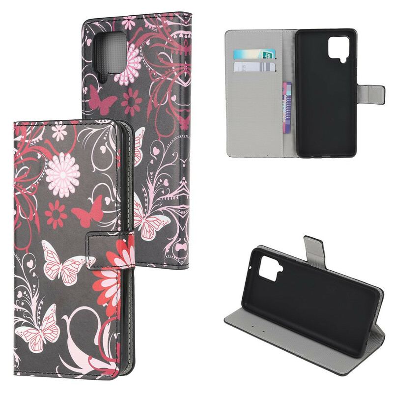 Læder Cover Samsung Galaxy A42 5G Sommerfugle Og Blomster