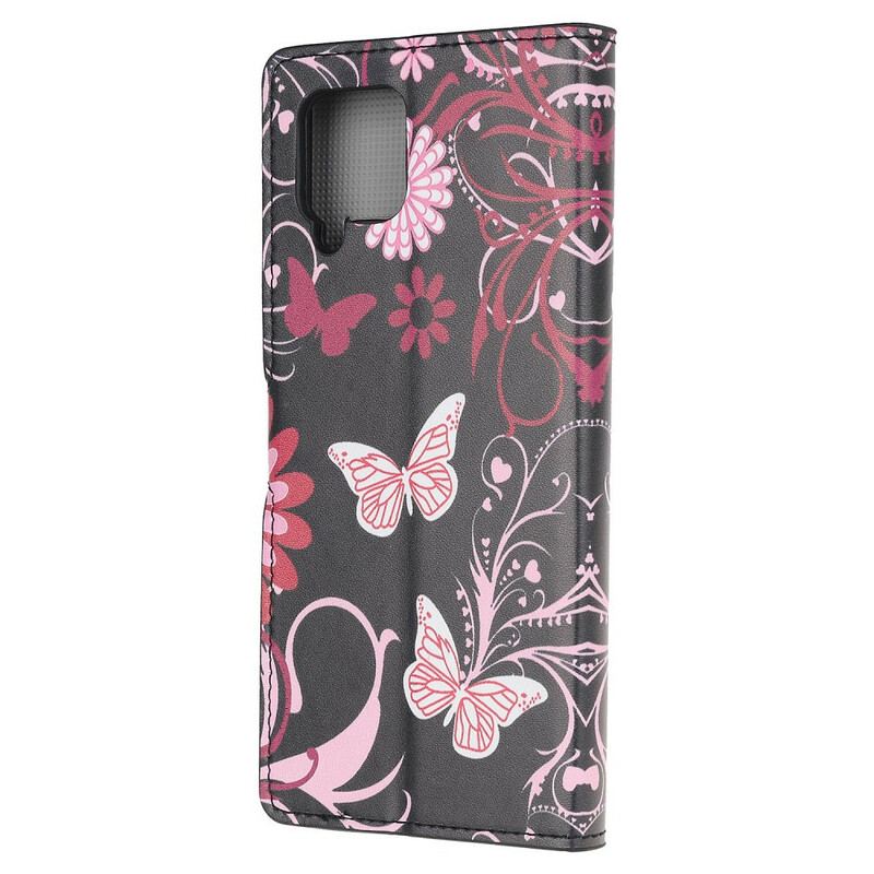 Læder Cover Samsung Galaxy A42 5G Sommerfugle Og Blomster