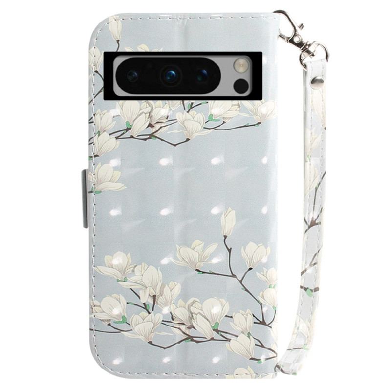 Flip Cover Google Pixel 8 Pro Hvide Blomster Med Rem