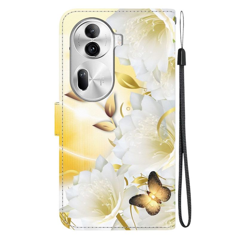 Flip Cover Oppo Reno 11 Pro 5g Gyldne Sommerfugle Og Blomster