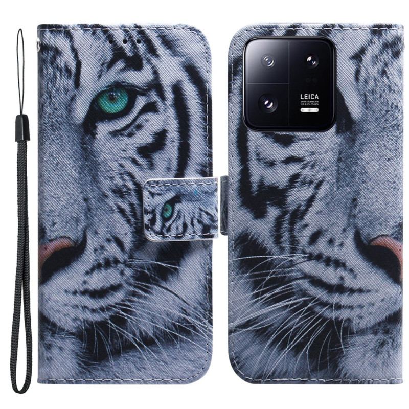 Flip Cover Xiaomi 13 Pro Med Snor Strappy White Tiger