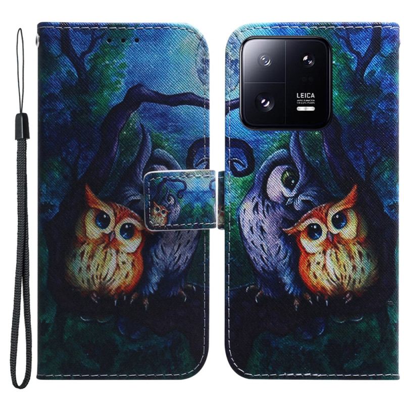 Læder Cover Xiaomi 13 Pro Med Snor Strappy Owls Maleri