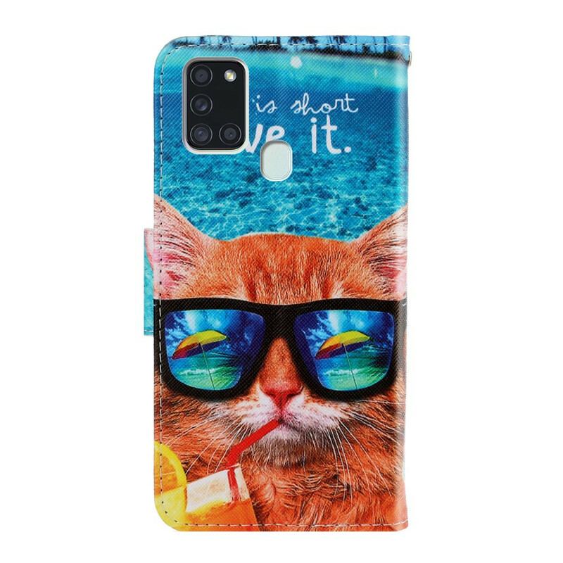 Læder Cover Samsung Galaxy A21s Med Snor Cat Live It Strappy