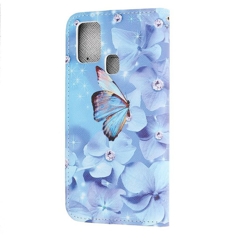 Læder Cover Samsung Galaxy A21s Med Snor Strappy Diamond Sommerfugle