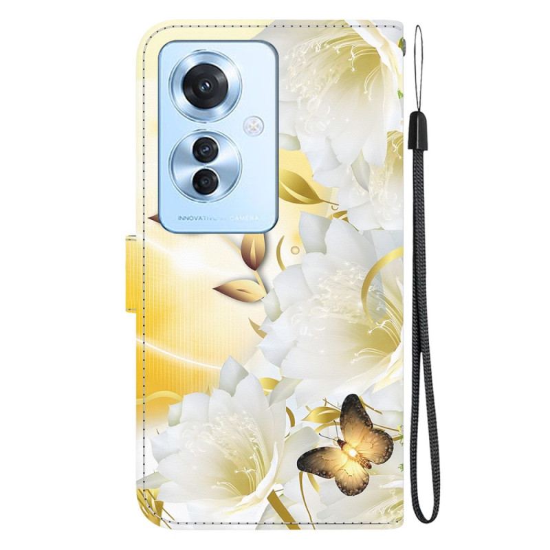 Flip Cover Til Oppo Reno 11f 5g Gyldne Sommerfugle Og Hvide Blomster