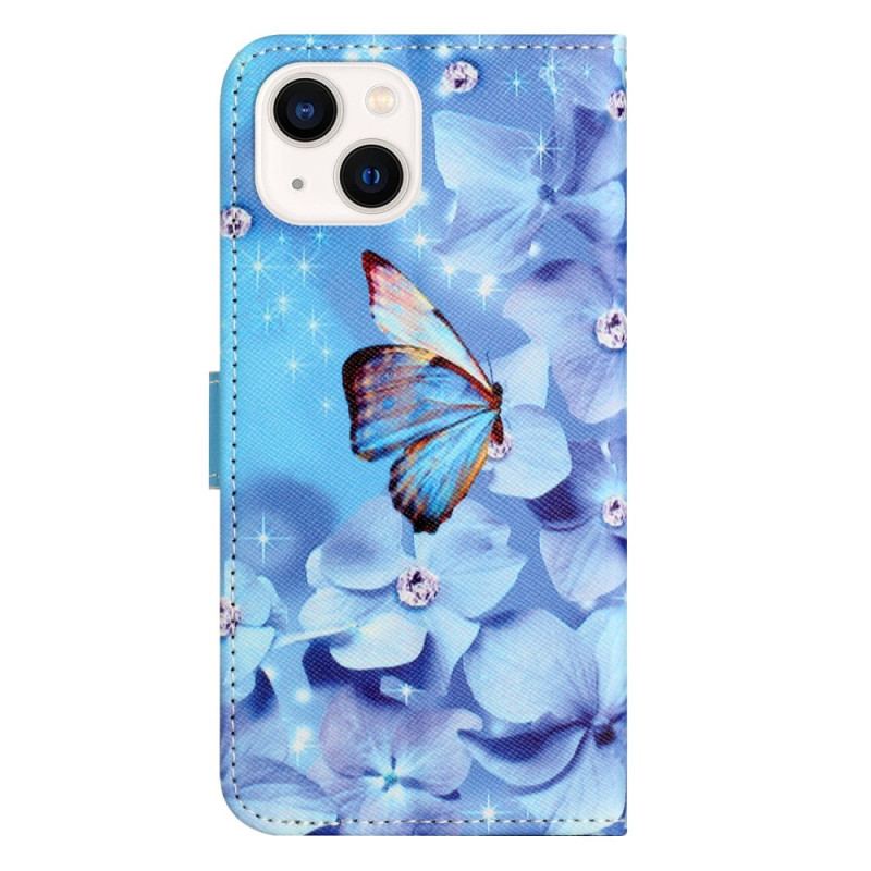 Flip Cover iPhone 14 Plus Med Snor Strappy Diamond Sommerfugle